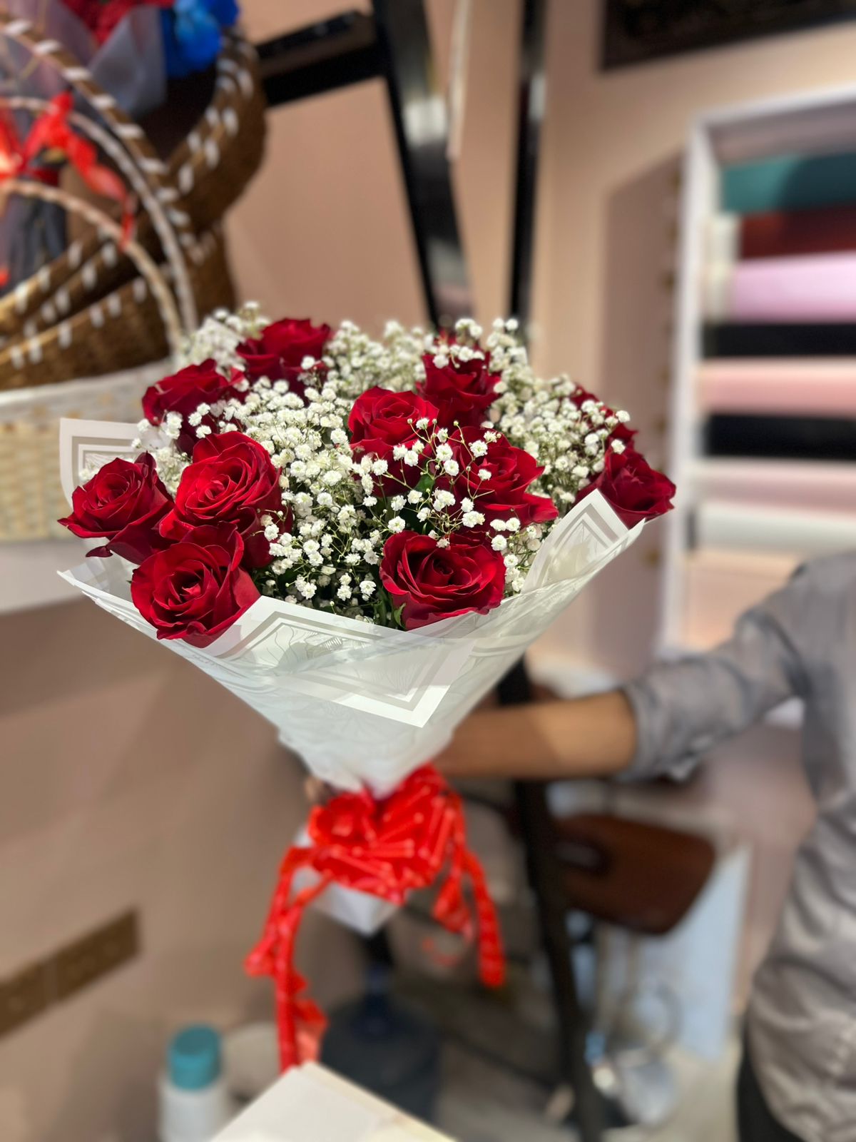 Imported Red Roses Bouquet with Baby's-breath