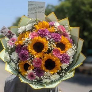 Sunflower And Purple, Pink & White Flowers Bouquet With Baby's-breath Flowers