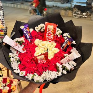 White & Red Roses bouquet With Chocolate