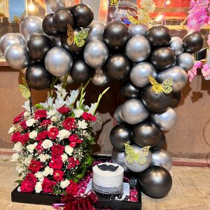 Black & Silver Balloon Surprise Box with Roses & Cake – by Flower Wala