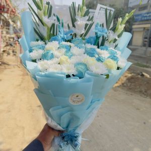 White Daisy & Blue Roses Bouquet