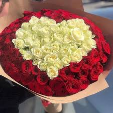 150 Red & White Roses Heart Bouquet