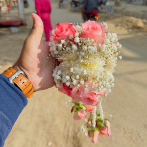 Elegant Peach Rose & Pearl Hand Corsage (Gajra)