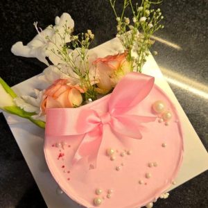 Pink Heart Floral Cake Karachi | Fresh Roses & Bow Custom Cake