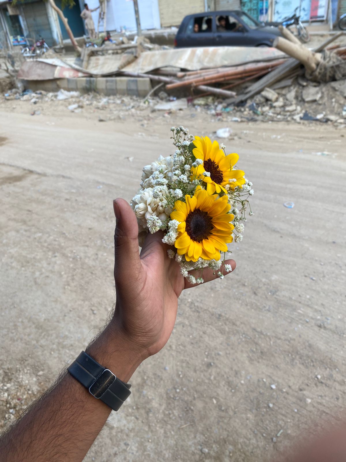 Sunflower & Motia Floral Gajra / Wrist Corsage