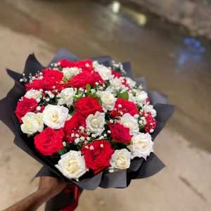 Premium Red & White Rose Bouquet with Baby's Breath