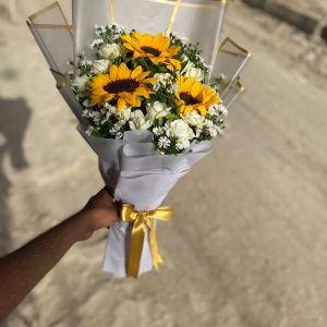 Golden Sunshine Sunflower & White Rose Bouquet