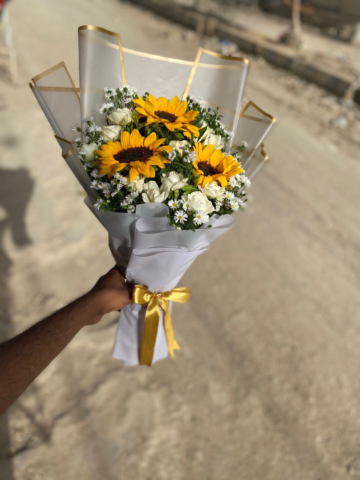 Golden Sunshine Sunflower & White Rose Bouquet
