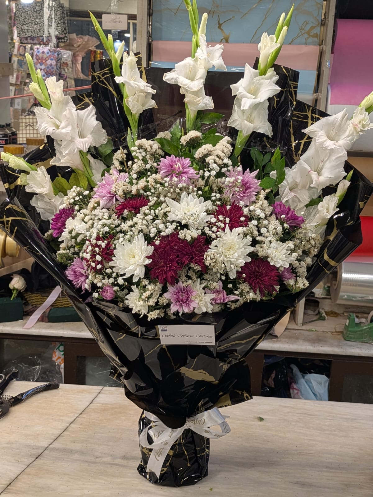 Majestic White Gladiolus & Mixed Chrysanthemum Luxury Bouquet