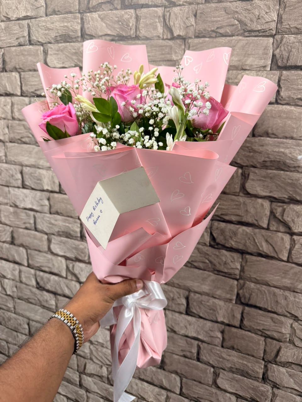 Pink Roses & Baby’s-breath Bouquet - Image 2