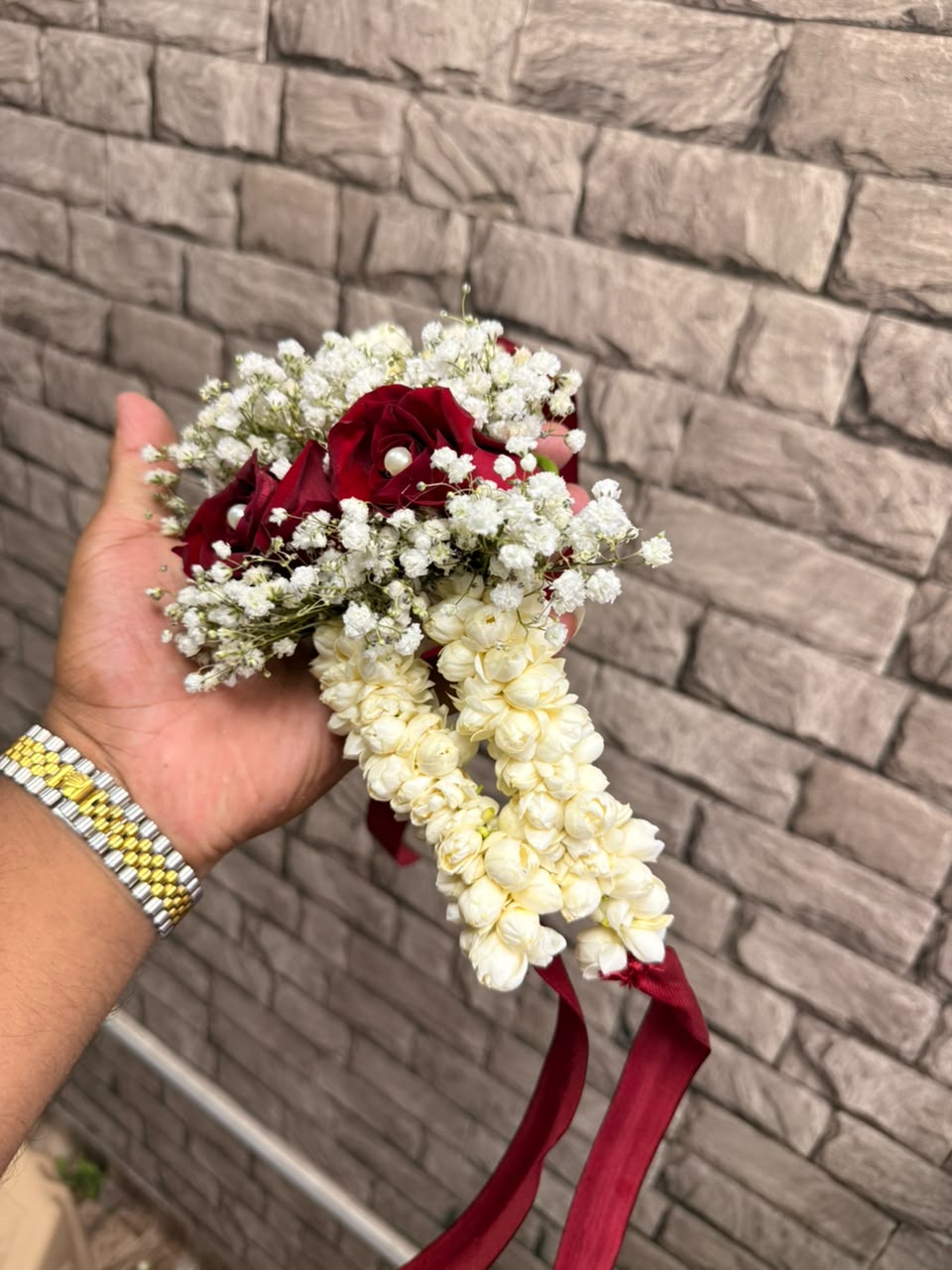Red Roses, Jasmine & Baby’s-breath Floral Bracelet - Image 2