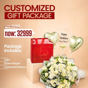 White Floral, Cake & Customized Balloon Gift Package