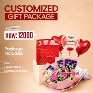Pink Rose, Chocolate, Teddy, Cake & Customized Balloon Gift Package