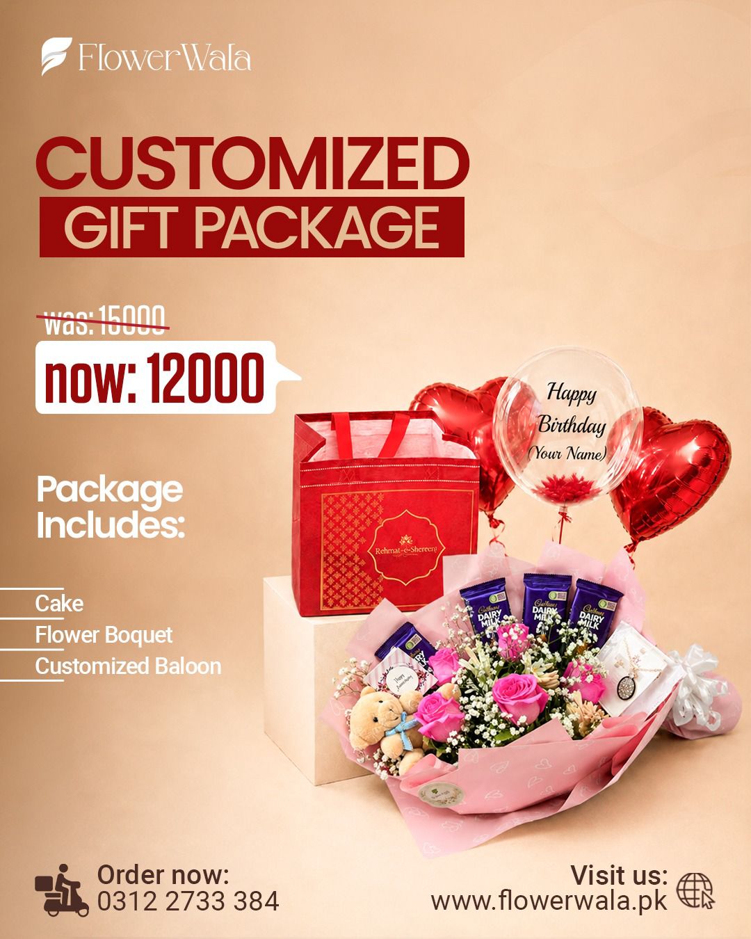 Pink Rose, Chocolate, Teddy, Cake & Customized Balloon Gift Package