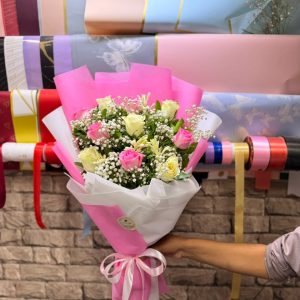 Pink & White Roses, Tuberose & Baby’s-breath Bouquet