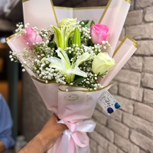 Pink & White Roses, Lily & Baby’s-breath Bouquet