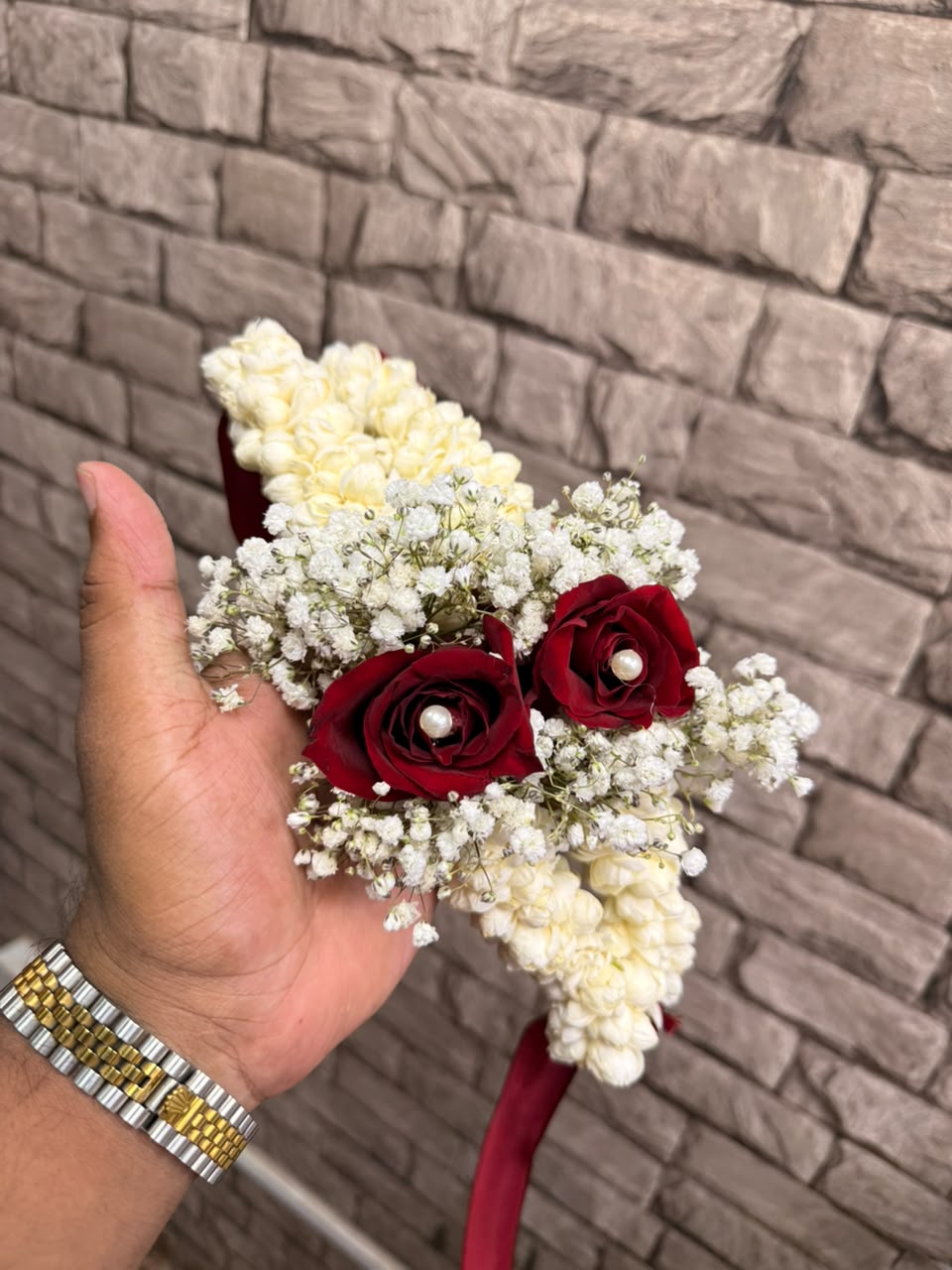 Red Roses, Jasmine & Baby’s-breath Floral Bracelet