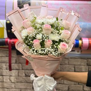 Baby Pink Roses & White Chrysanthemum Bouquet