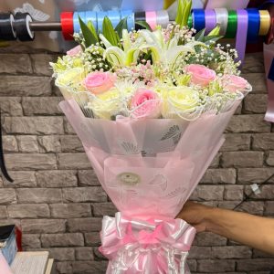 Pink Roses, White Lilies & White Roses Bouquet